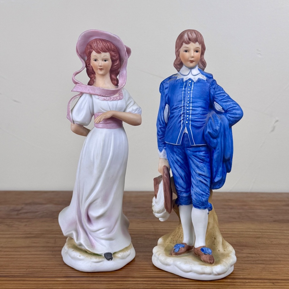 Vintage Bisque Porcelain Figurines | Colonial Couple | Hand-Painted
